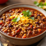 A bowl of hearty homemade chili soup topped with shredded cheese and fresh cilantro