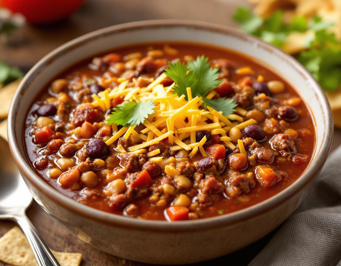 A bowl of hearty homemade chili soup topped with shredded cheese and fresh cilantro