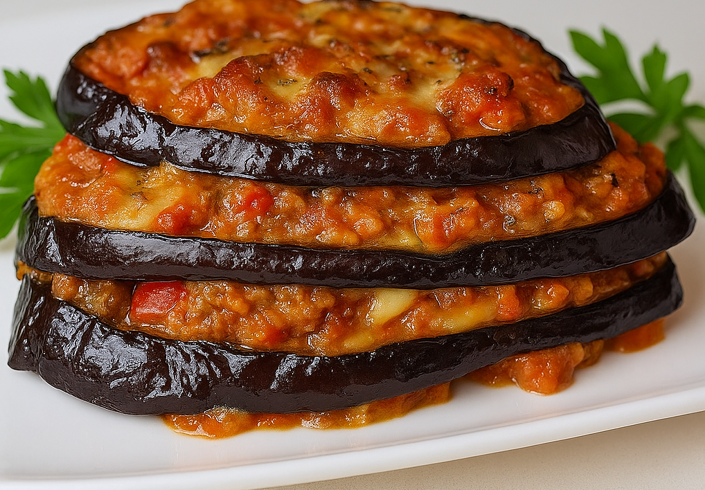 Delicious homemade baked eggplant stacks layered with ground beef ragu, mozzarella, tomato sauce, garlic, and Italian herbs, served with fresh parsley. A healthy and hearty Mediterranean-style low-carb meal, similar to eggplant lasagna or moussaka. Perfect for vegetarian adaptations too. Aubergine gratin, melanzane alla parmigiana, berenjena al horno, stuffed eggplant, gratin d’aubergines, баклажаны запечённые, باذنجان بالفرن, aubergine au four, 茄子烤菜, grilled eggplant dish.